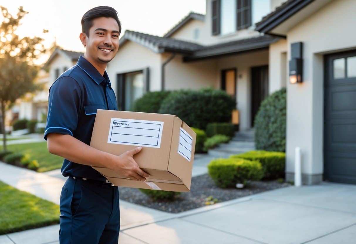 Pessoa entregando uma caixa para um morador na porta de uma casa residencial durante o dia.