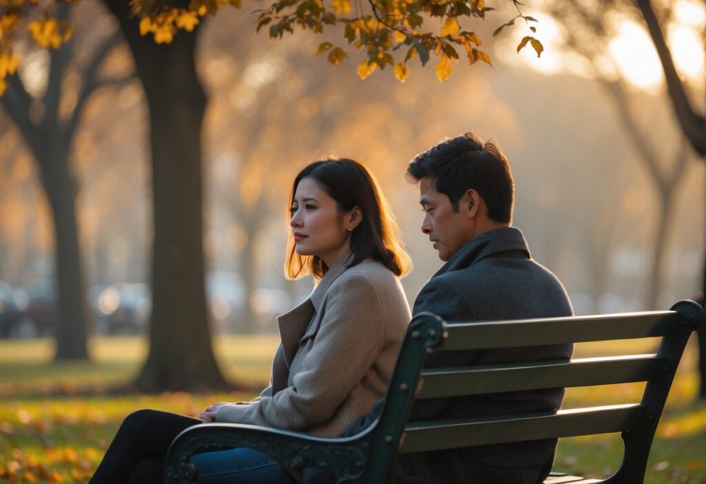 Duas pessoas sentadas lado a lado em um banco de parque, uma olhando para o horizonte e a outra com expressão pensativa e triste.