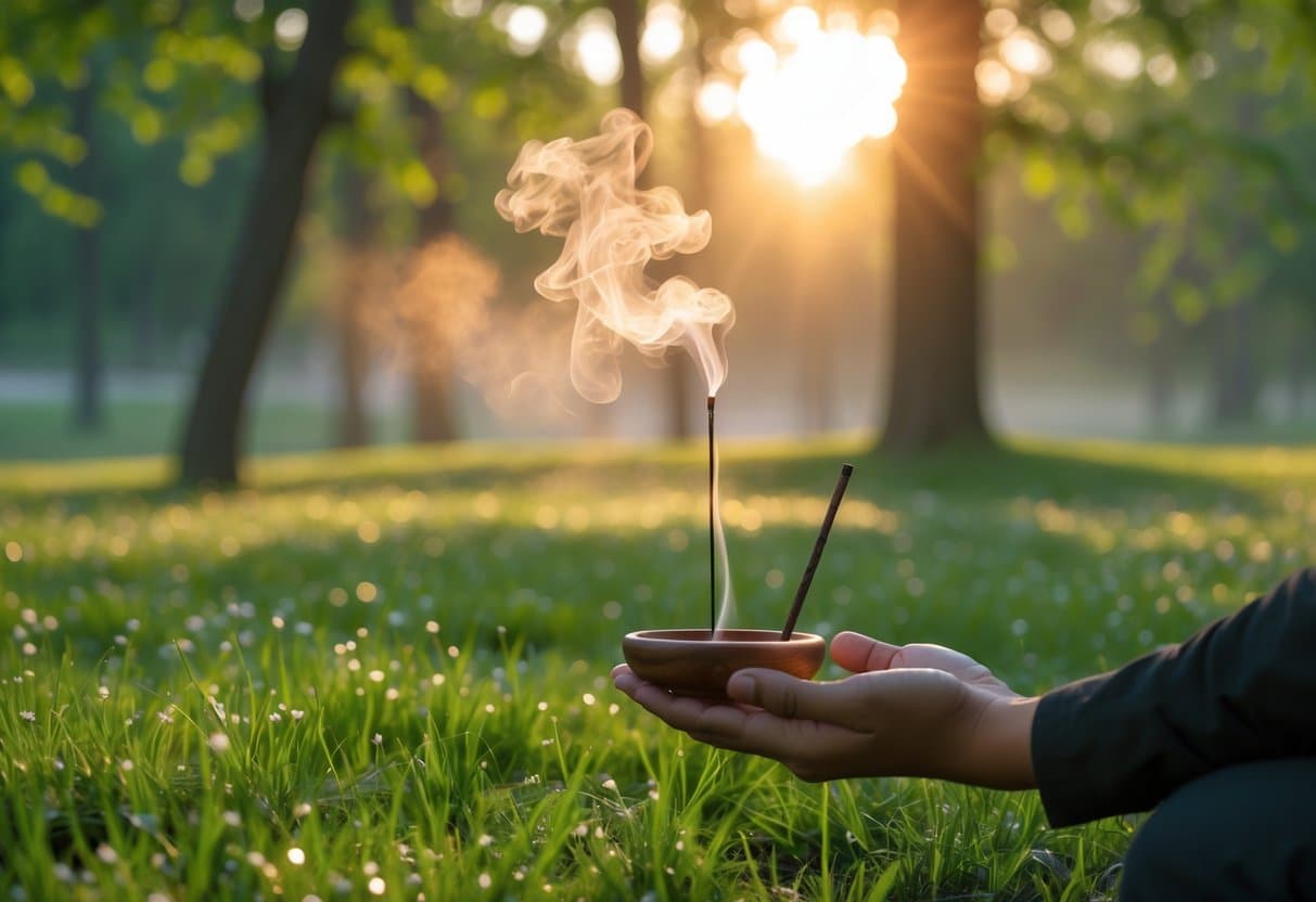 Pessoa segurando um defumador com fumaça subindo ao amanhecer em um ambiente natural e tranquilo.