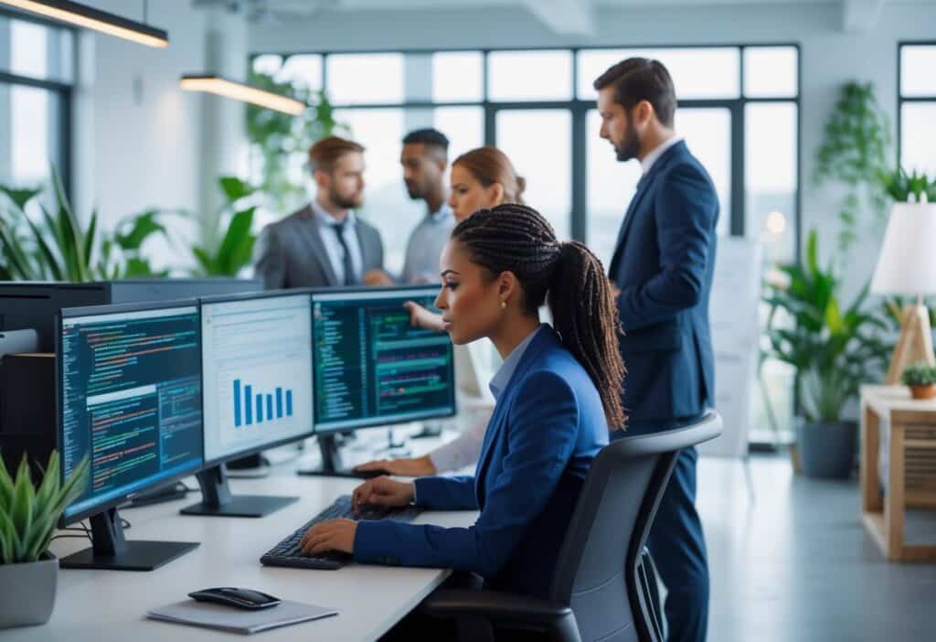 Grupo de profissionais trabalhando em diferentes áreas como tecnologia, engenharia industrial e design de interiores em um ambiente moderno e iluminado.