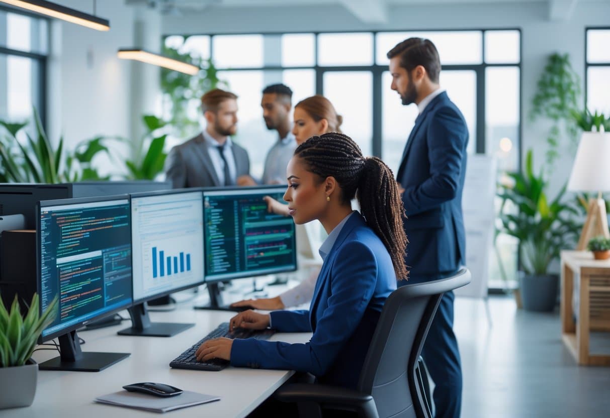 Grupo de profissionais trabalhando em diferentes áreas como tecnologia, engenharia industrial e design de interiores em um ambiente moderno e iluminado.