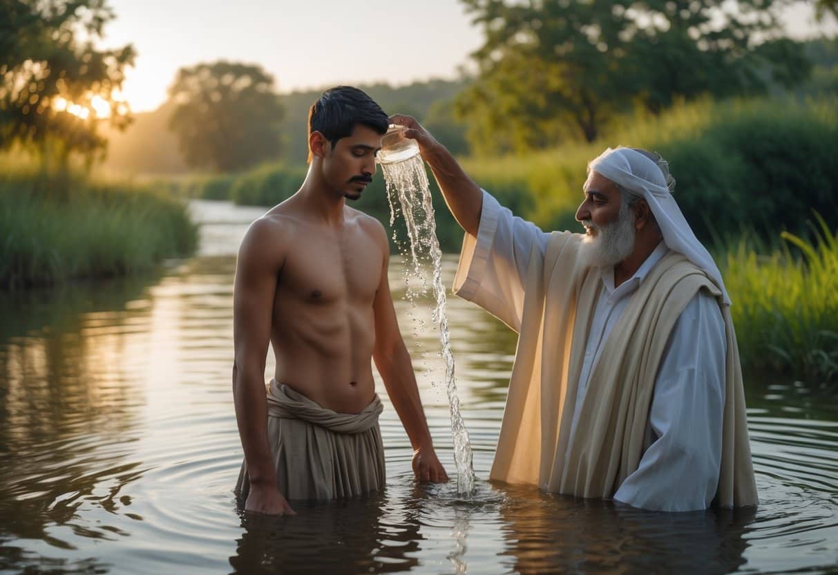 Um homem jovem sendo batizado por um homem mais velho em um rio tranquilo ao amanhecer.