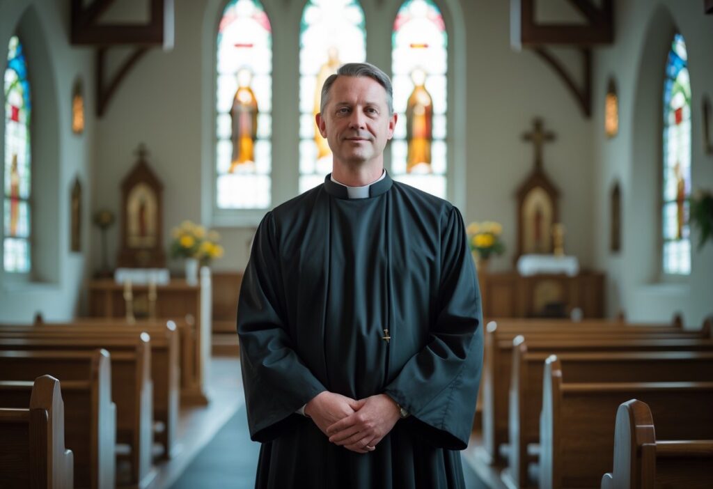 Homem vestido com traje clerical tradicional dentro de uma igreja, em um ambiente calmo e iluminado por luz natural.