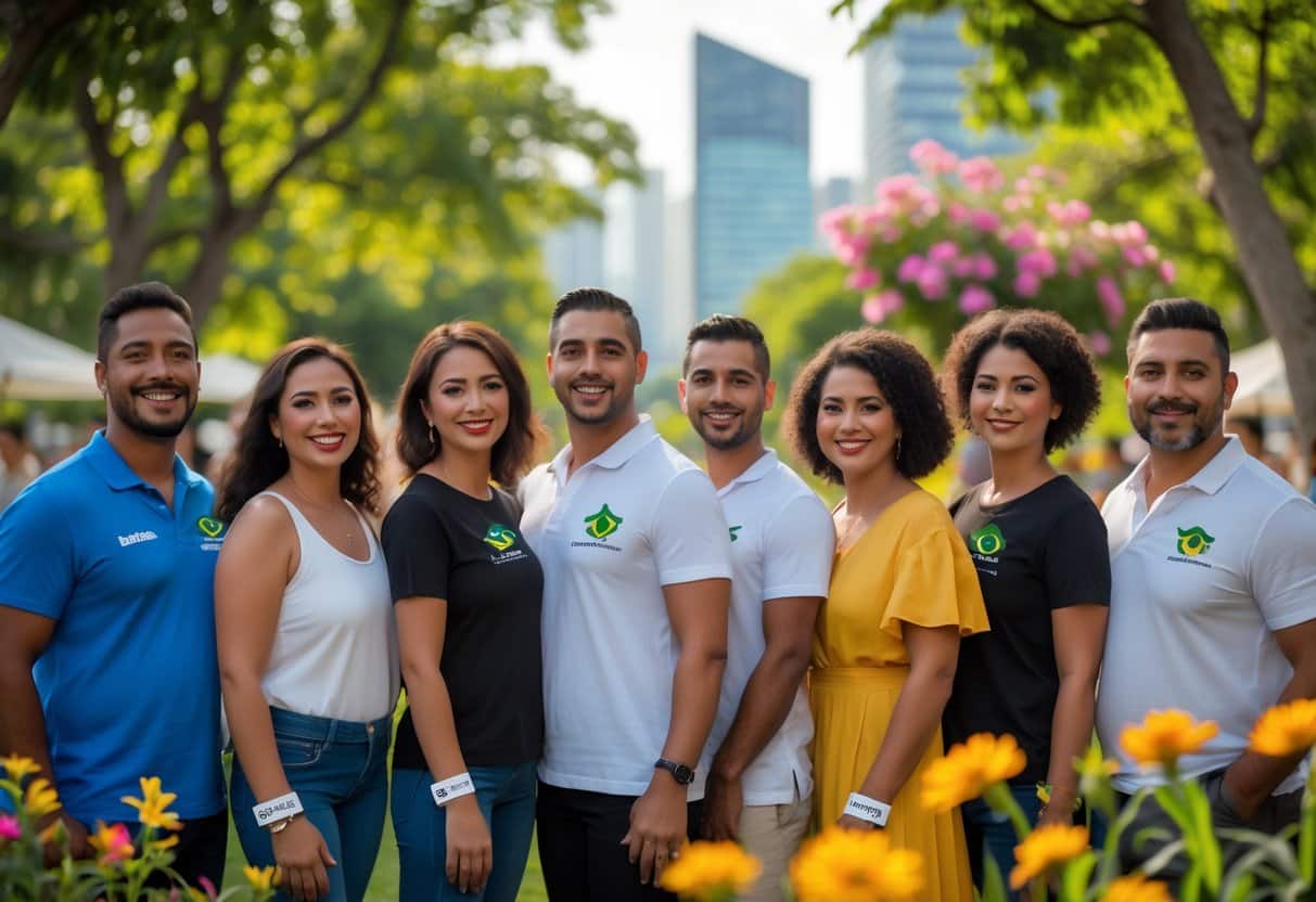 Grupo diversificado de pessoas em um parque urbano, mostrando acessórios personalizados que representam sobrenomes raros no Brasil.