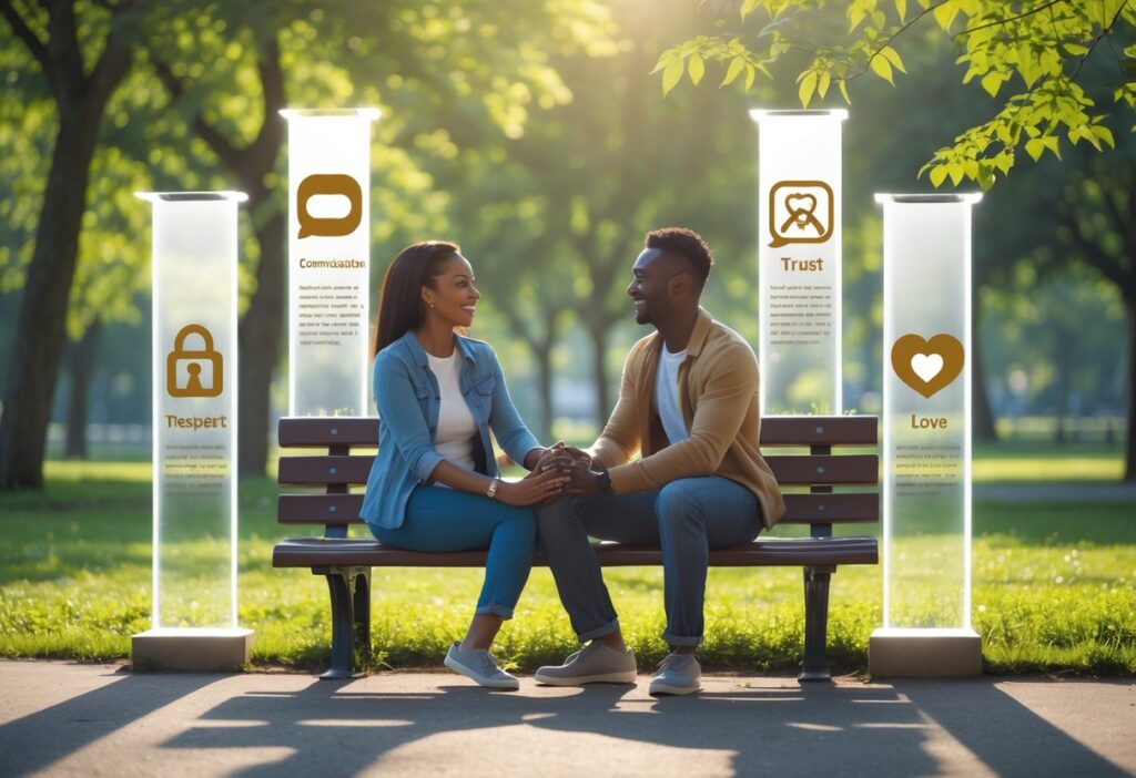 Casal sentado em um banco de parque, de mãos dadas e sorrindo, com pilares transparentes ao redor representando comunicação, confiança, respeito e amor.
