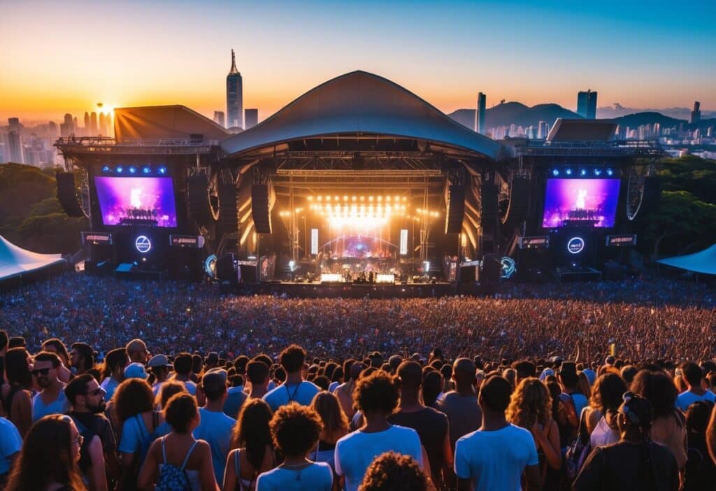 Multidão em um grande festival de música ao ar livre no Brasil durante o pôr do sol, com palco iluminado e pessoas aproveitando o show.
