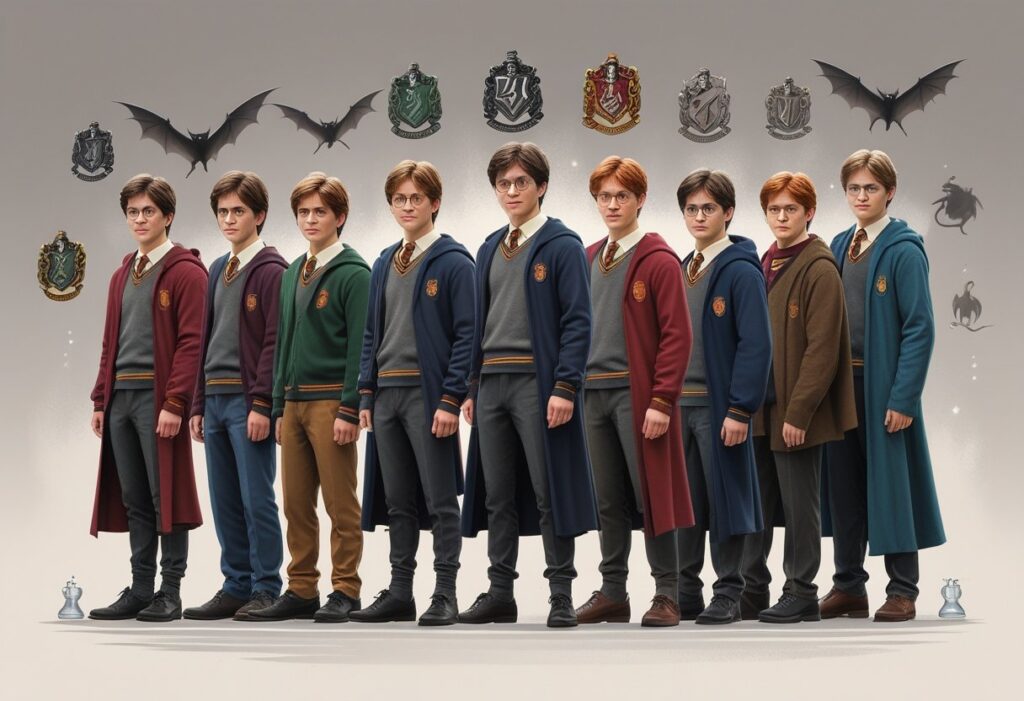 Linha do tempo mostrando Harry Potter em diferentes idades, com roupas e características que mudam conforme cada filme da saga.
