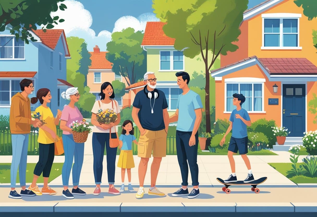 Um grupo diversificado de vizinhos conversando em uma rua residencial, com casas coloridas ao fundo e crianças brincando.