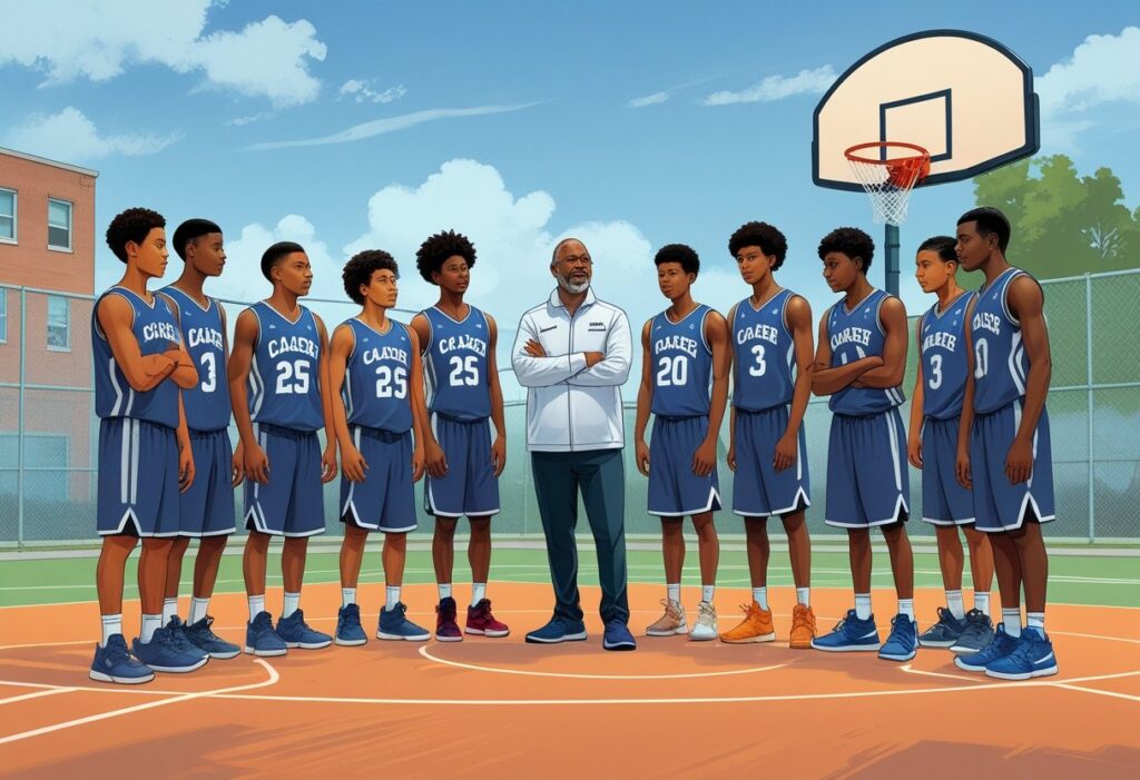 Um treinador orientando um grupo de jogadores de basquete jovens em uma quadra ao ar livre.