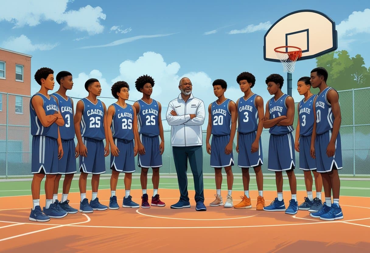 Um treinador orientando um grupo de jogadores de basquete jovens em uma quadra ao ar livre.