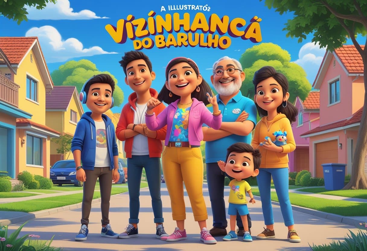 Grupo de personagens principais da série Vizinhança do Barulho em um bairro residencial, mostrando diversidade e interação amigável entre eles.