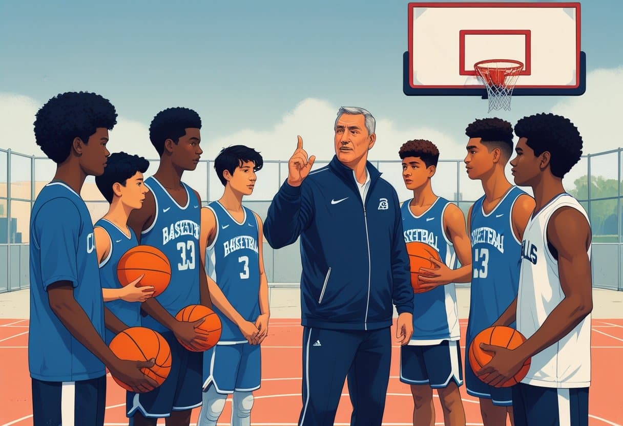 Um treinador com um grupo de jovens jogadores de basquete em uma quadra ao ar livre, todos atentos e interagindo entre si.