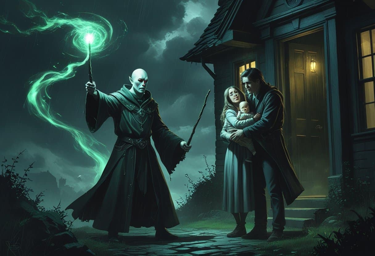 Um bruxo sombrio atacando um jovem casal com um bebê em uma casa antiga à noite, com uma atmosfera de perigo e magia.