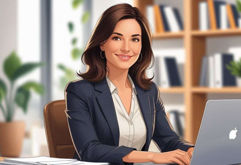 Mulher sentada em um escritório moderno, sorrindo e olhando para a frente, com cabelos castanhos médios e vestindo um blazer. Ela está em uma mesa com um laptop e papéis organizados.