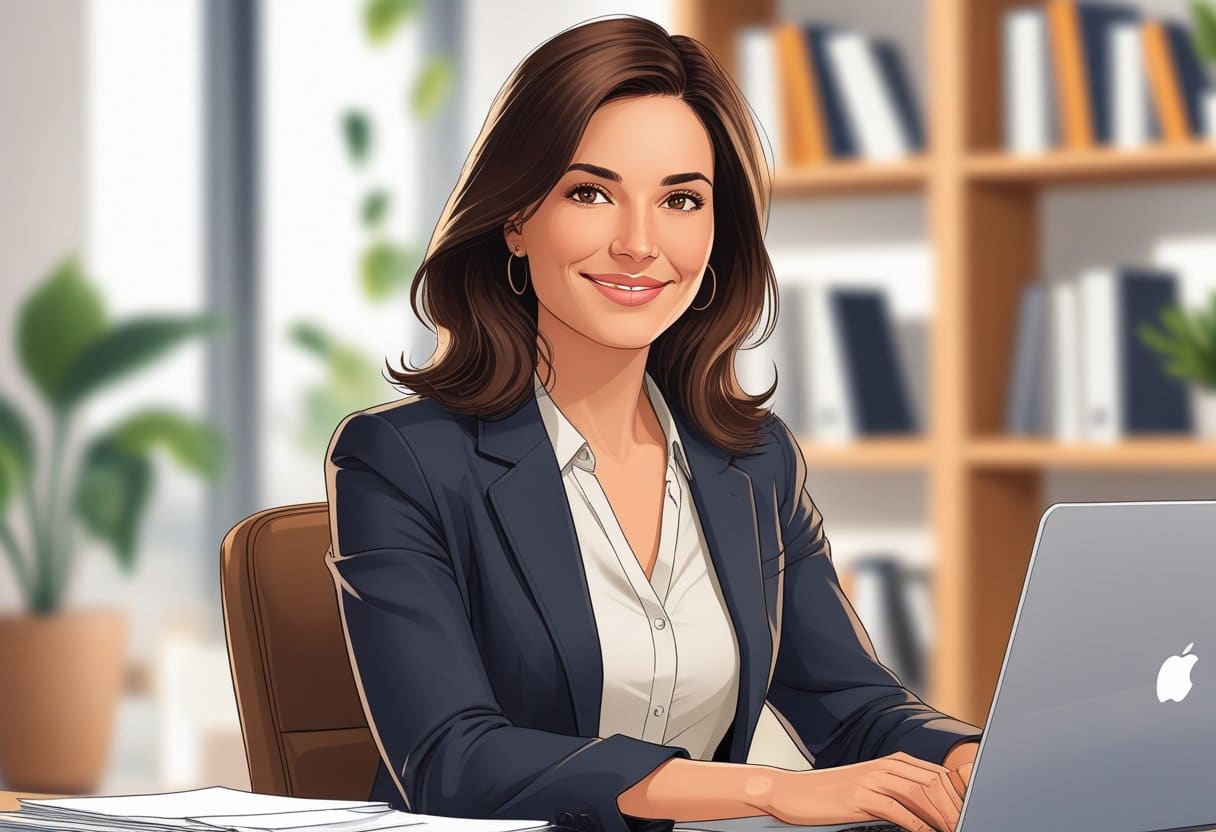 Mulher sentada em um escritório moderno, sorrindo e olhando para a frente, com cabelos castanhos médios e vestindo um blazer. Ela está em uma mesa com um laptop e papéis organizados.