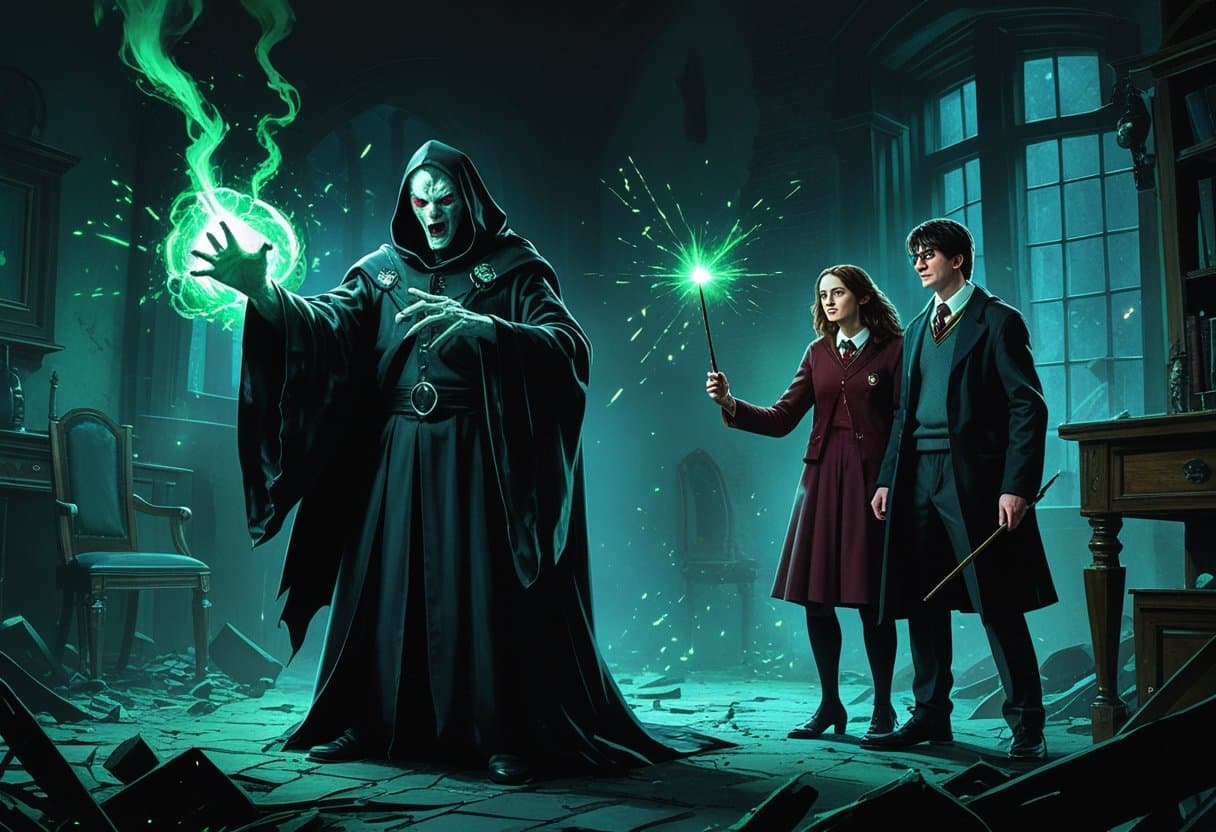 Cena mostrando Voldemort atacando os pais de Harry Potter dentro de uma casa antiga à noite, com ambos os lados usando varinhas e magia em um confronto tenso.