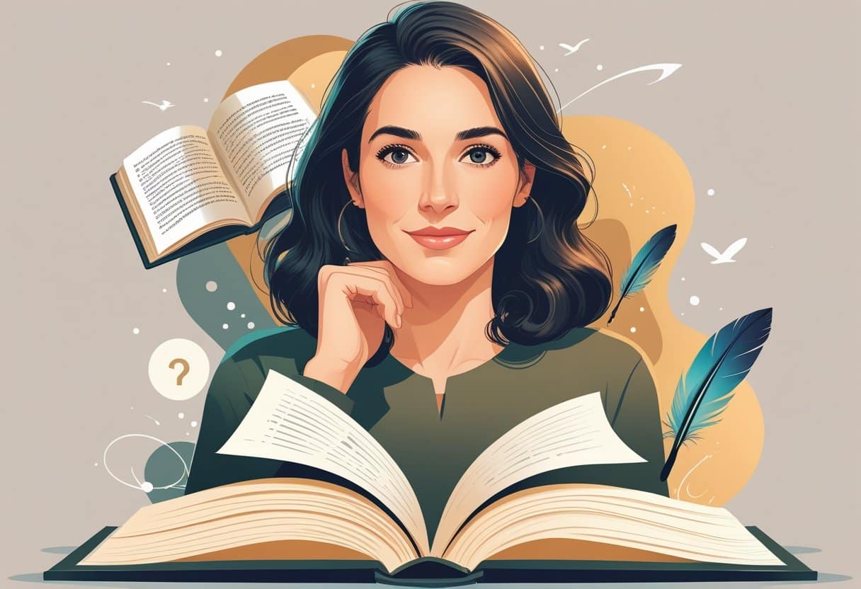 Retrato de Andrea Greene com elementos simbólicos de livro aberto, pena e formas abstratas ao fundo, transmitindo mistério e reflexão.