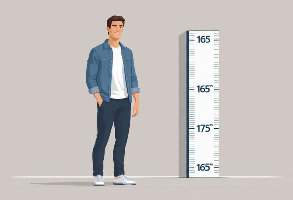 Um homem medindo sua altura em uma régua de parede, mostrando cerca de 165 centímetros.