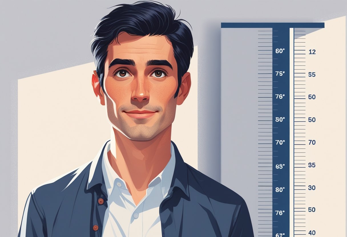 Um homem jovem ao lado de uma régua de altura, mostrando sua estatura.