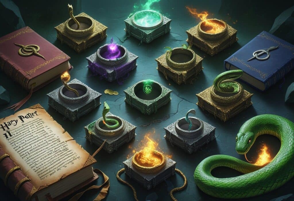 Ilustração mostrando os sete Horcruxes de Harry Potter e como cada um foi destruído, incluindo o diário, anel, medalhão, taça, diadema, a cobra Nagini e Harry com sua cicatriz.