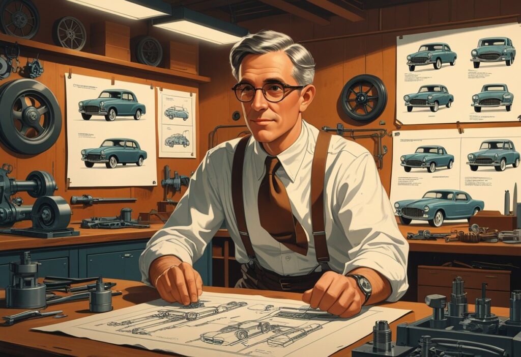 Homem em oficina de engenharia automotiva, cercado por peças de carros clássicos da Ford e plantas técnicas, concentrado em seu trabalho.