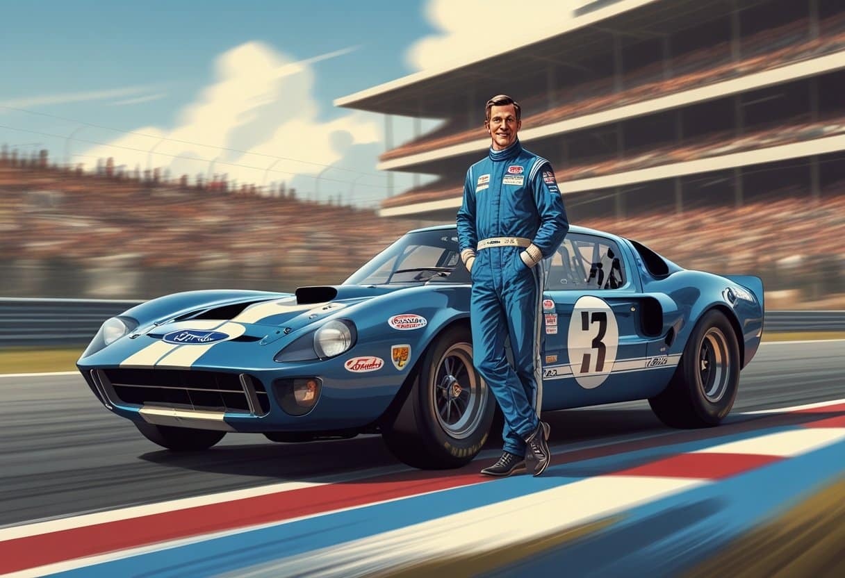 Leo Beebe ao lado de um carro de corrida Ford clássico na pista, com uma multidão desfocada ao fundo.