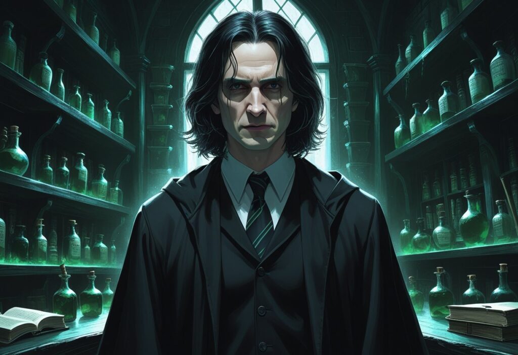 Severo Snape em uma sala de poções escura, com expressão ambígua e ambiente misterioso.