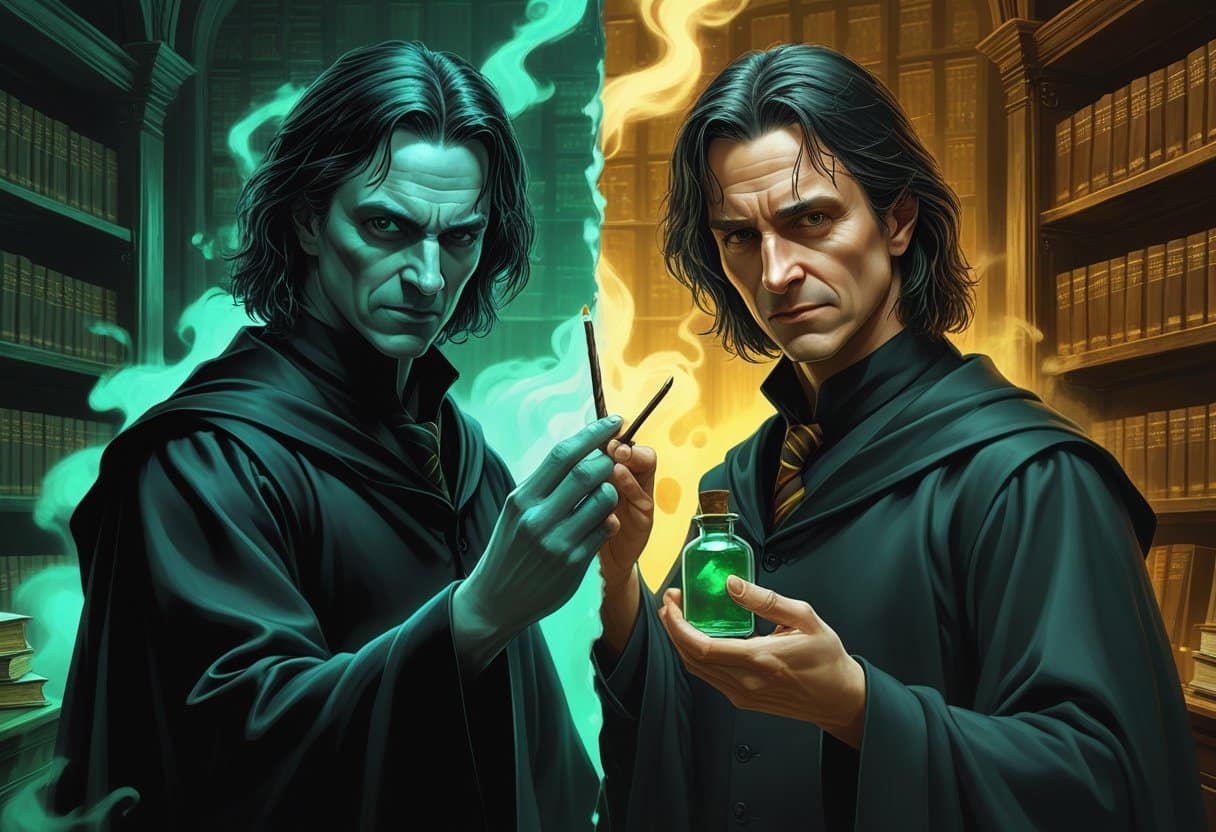 Imagem mostrando Severus Snape dividido em duas metades, uma sombria e ameaçadora, a outra mais suave e pensativa, representando a dualidade do personagem.