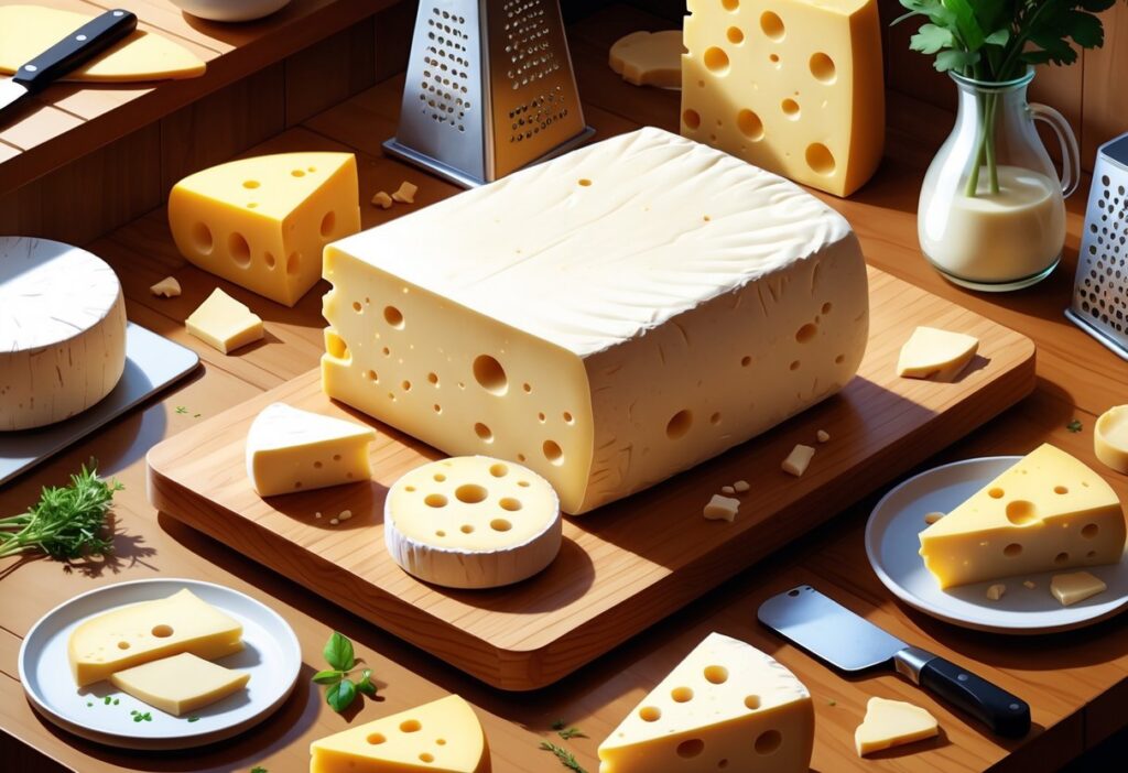 Cena de cozinha com uma bancada de madeira exibindo vários tipos de queijo, incluindo um queijo cremoso e macio, com pedaços e fatias ao redor, além de pão com queijo cremoso espalhado, utensílios de cozinha e elementos naturais ao fundo.