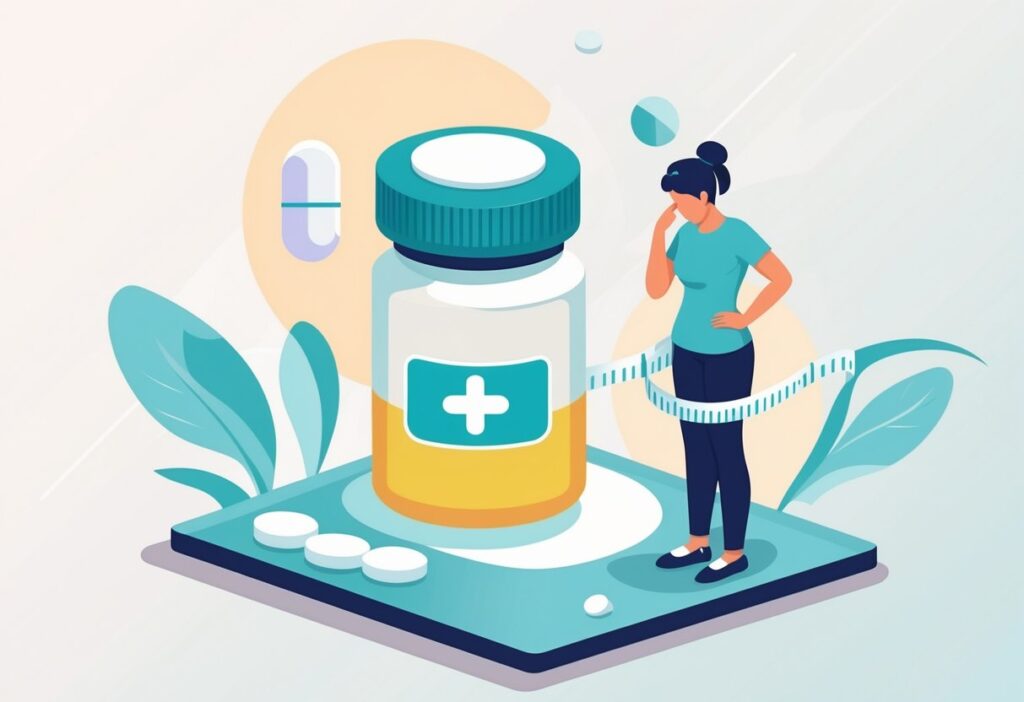 Uma pessoa olhando para um frasco de remédio com uma fita métrica ao redor da cintura, representando a relação entre medicação e peso.