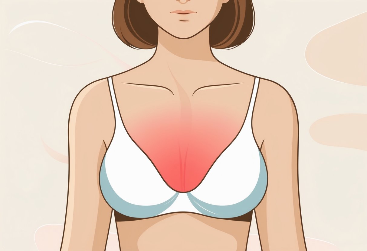 Ilustração de um torso feminino com destaque em vermelho abaixo da mama esquerda para indicar dor.