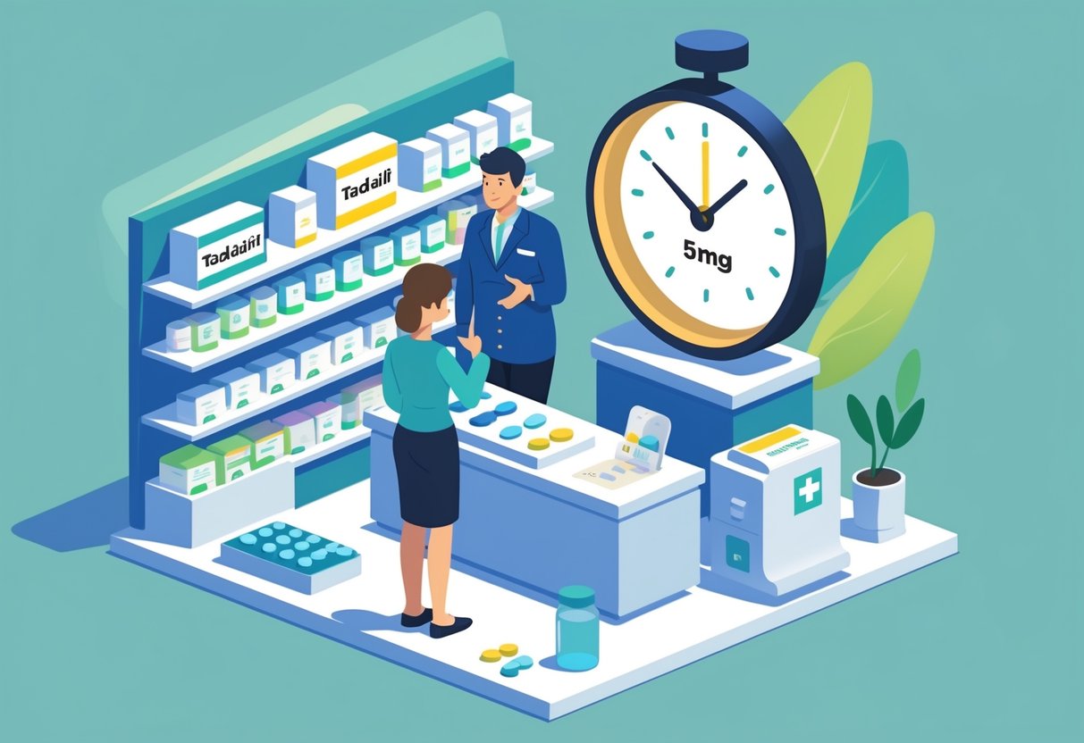 Cena em uma farmácia com um farmacêutico explicando para um paciente sobre o tempo de efeito de um medicamento, com um relógio indicando o intervalo de tempo e caixas de remédios ao fundo.