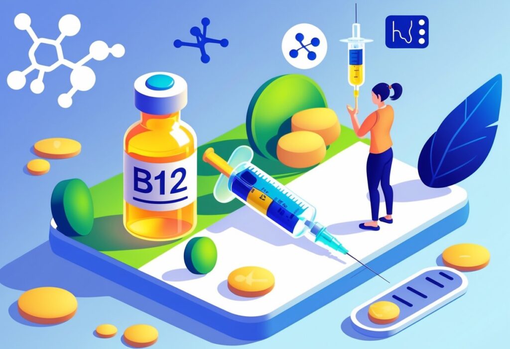 Pessoa recebendo uma injeção de vitamina B12 com elementos visuais que representam metabolismo e peso ao redor.