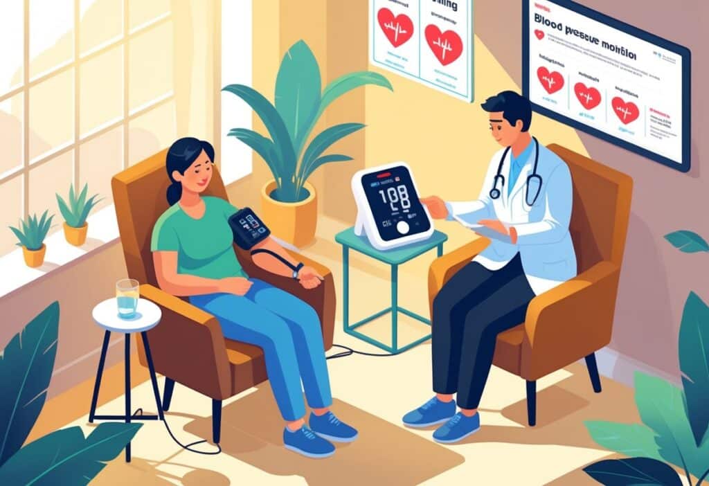 Pessoa sentada medindo a pressão arterial com um profissional de saúde observando o monitor em um ambiente tranquilo.