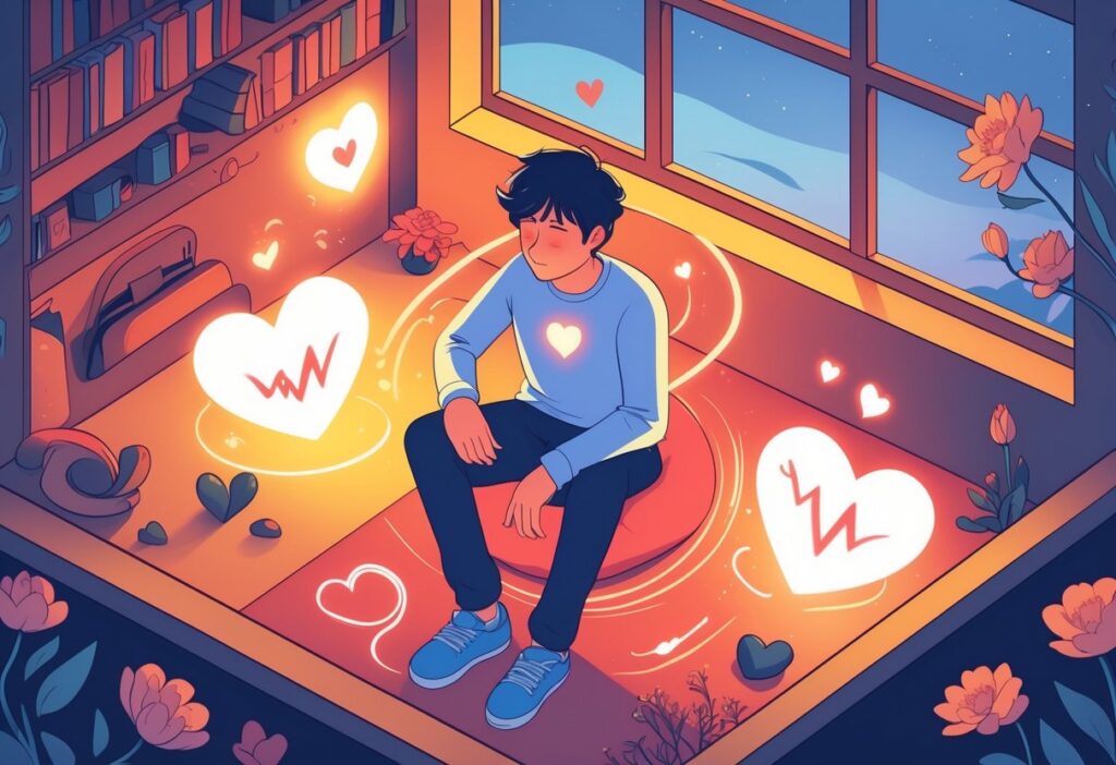 Pessoa sentada em um quarto aconchegante, com símbolos de desejo e conexão emocional ao redor, como corações brilhantes e mãos entrelaçadas.