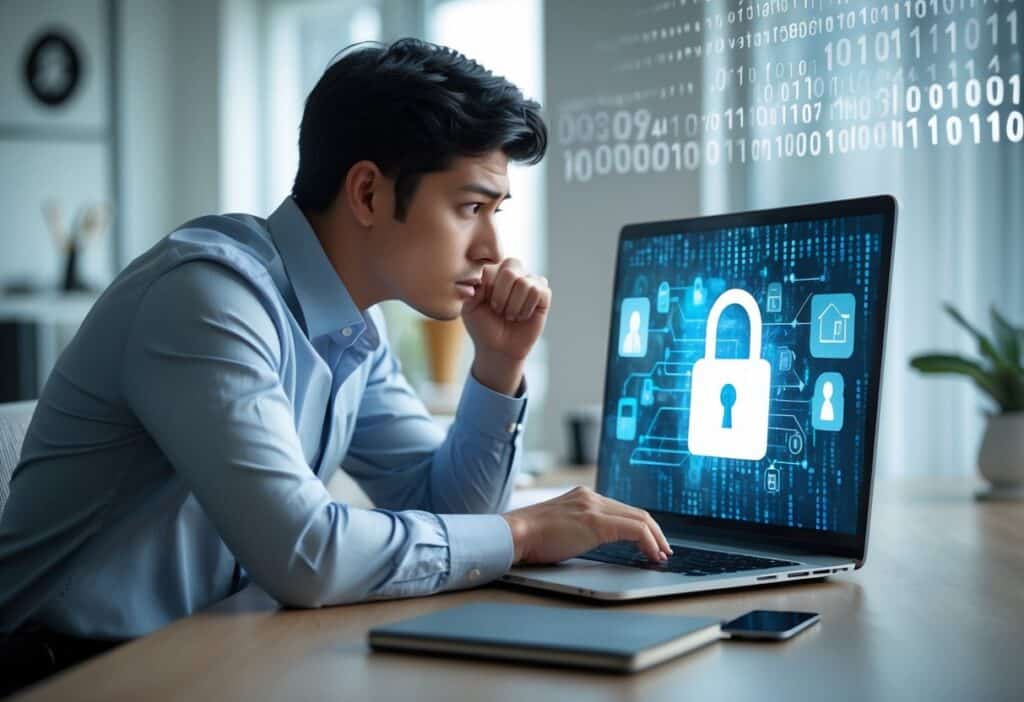 Pessoa preocupada olhando para o laptop em uma mesa de escritório, verificando dados e segurança digital.