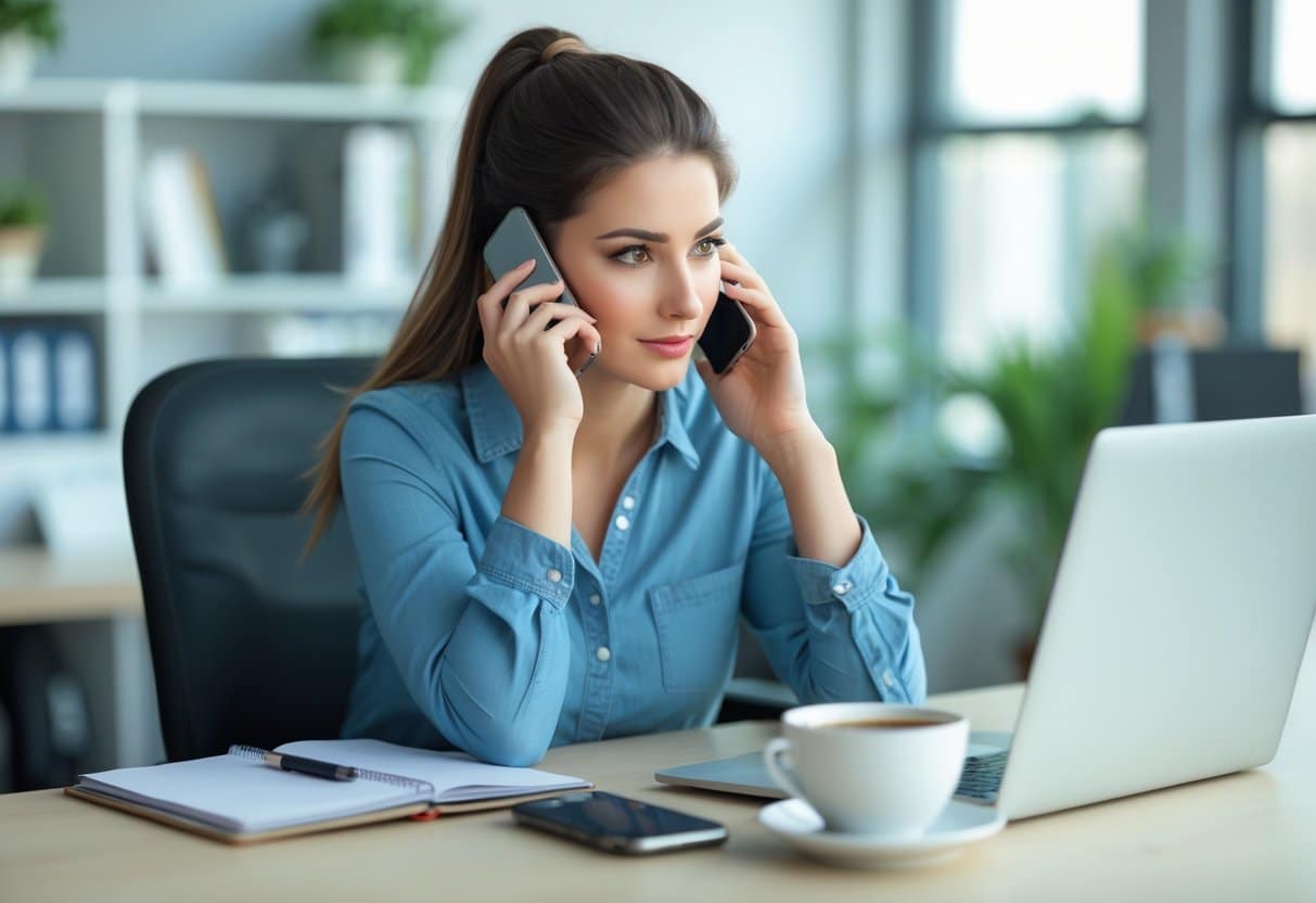 Mulher jovem em um escritório falando ao telefone com expressão pensativa.