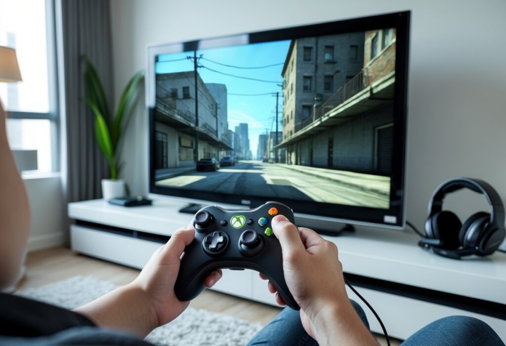 Mãos segurando um controle Xbox 360 em frente a uma TV com o jogo Grand Theft Auto: San Andreas na tela, em uma sala de estar moderna.