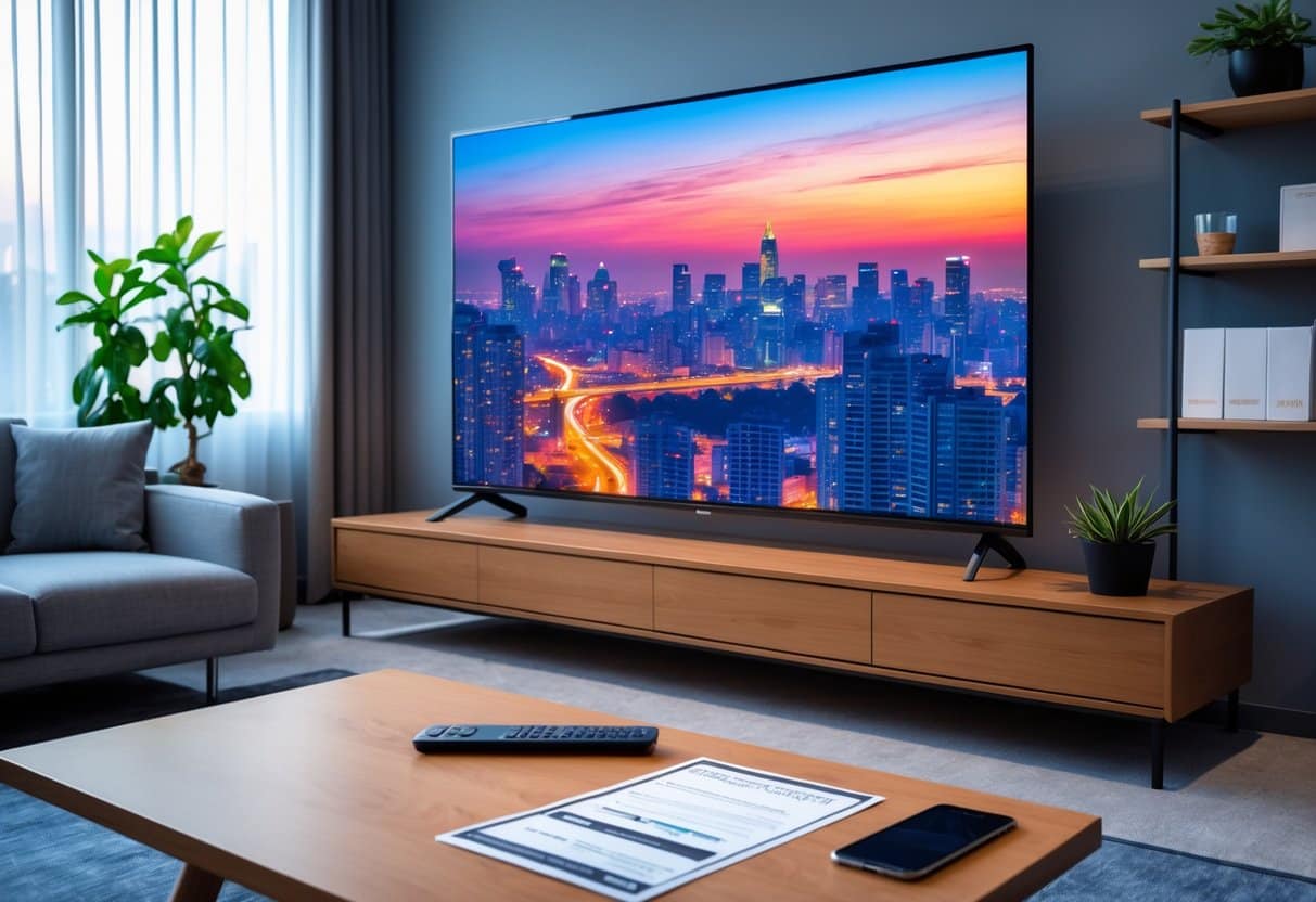 Sala de estar moderna com uma televisão LG montada na parede, controle remoto sobre a mesa de centro, e decoração minimalista ao redor.