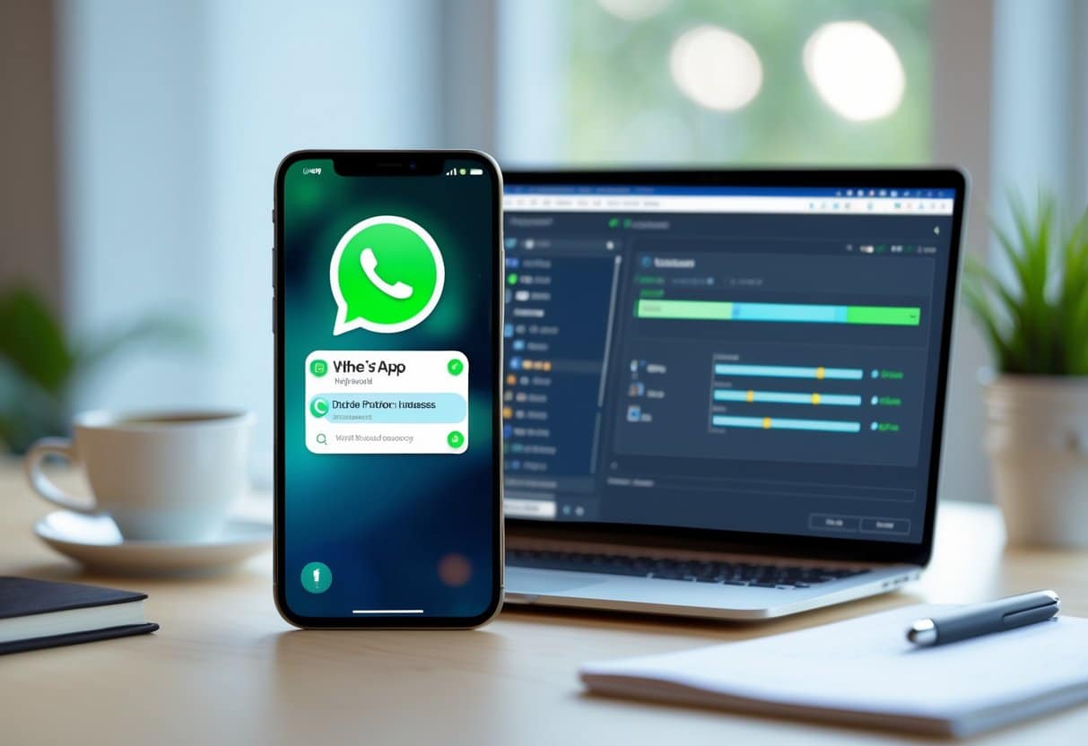 Mesa de trabalho com smartphone e laptop mostrando software de recuperação de dados, ambiente organizado com café e caderno.