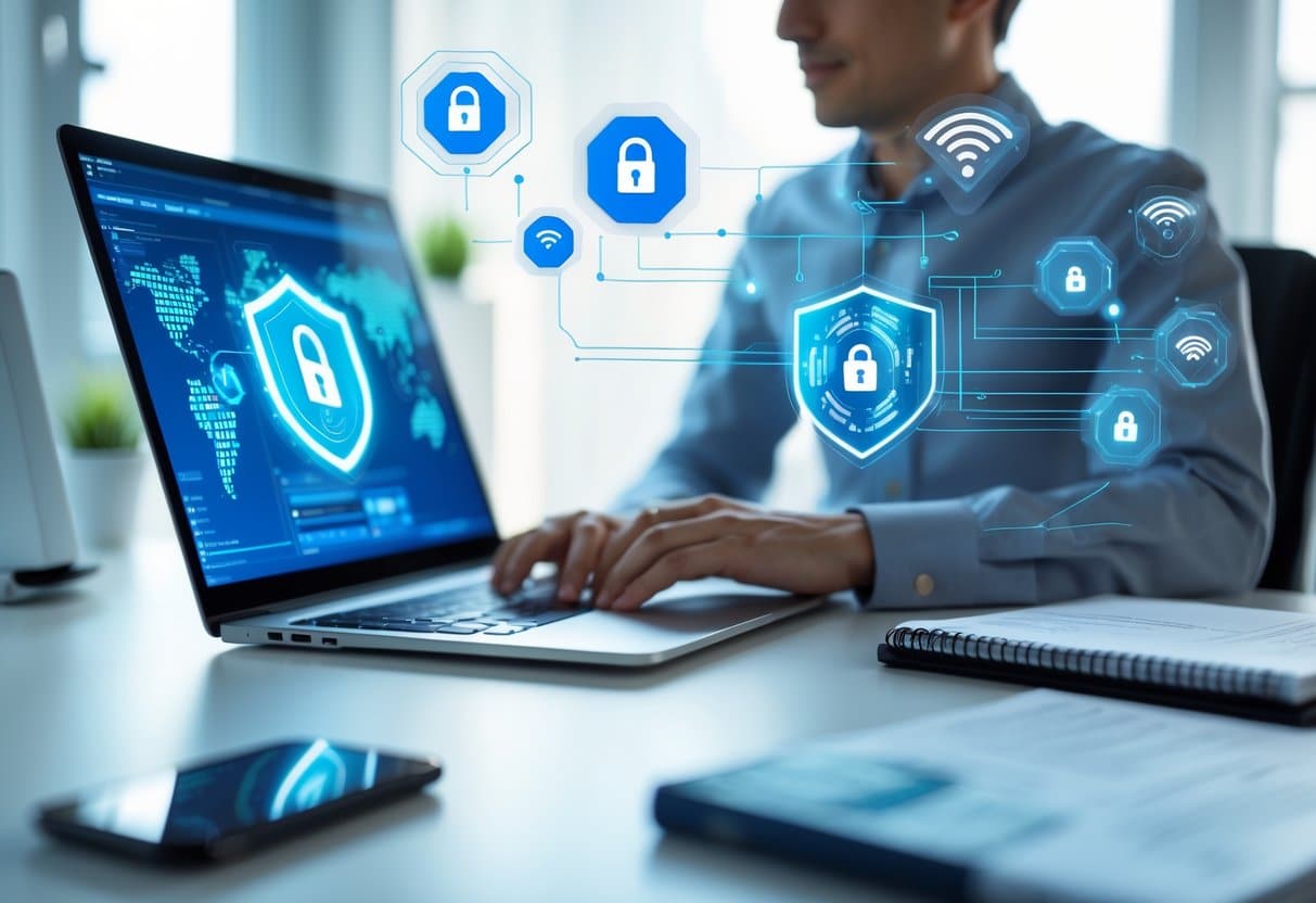 Pessoa usando laptop em uma mesa com ícones digitais de Wi-Fi e cadeados flutuando ao redor, simbolizando segurança de senha de Wi-Fi.
