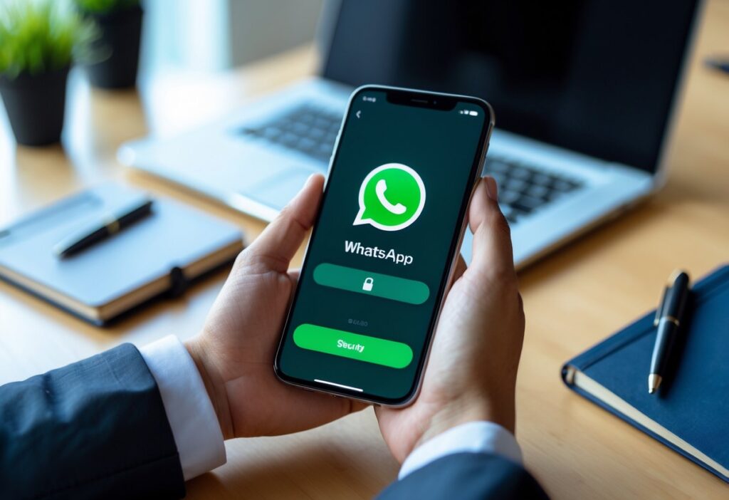 Pessoa segurando um smartphone mostrando o ícone do WhatsApp, com uma mesa de escritório ao fundo.