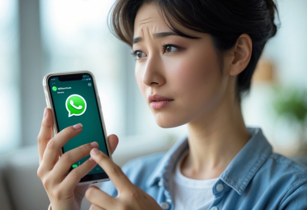 Pessoa segurando um smartphone com a tela do WhatsApp borrada, olhando para o aparelho com expressão pensativa.