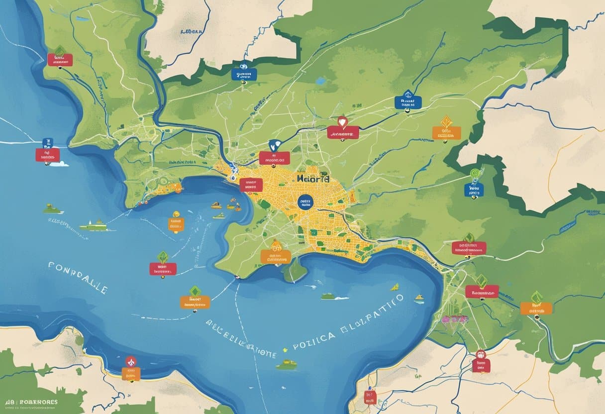 Mapa ilustrado mostrando as cidades próximas a Madrid com ícones indicando suas localizações ao redor da capital.