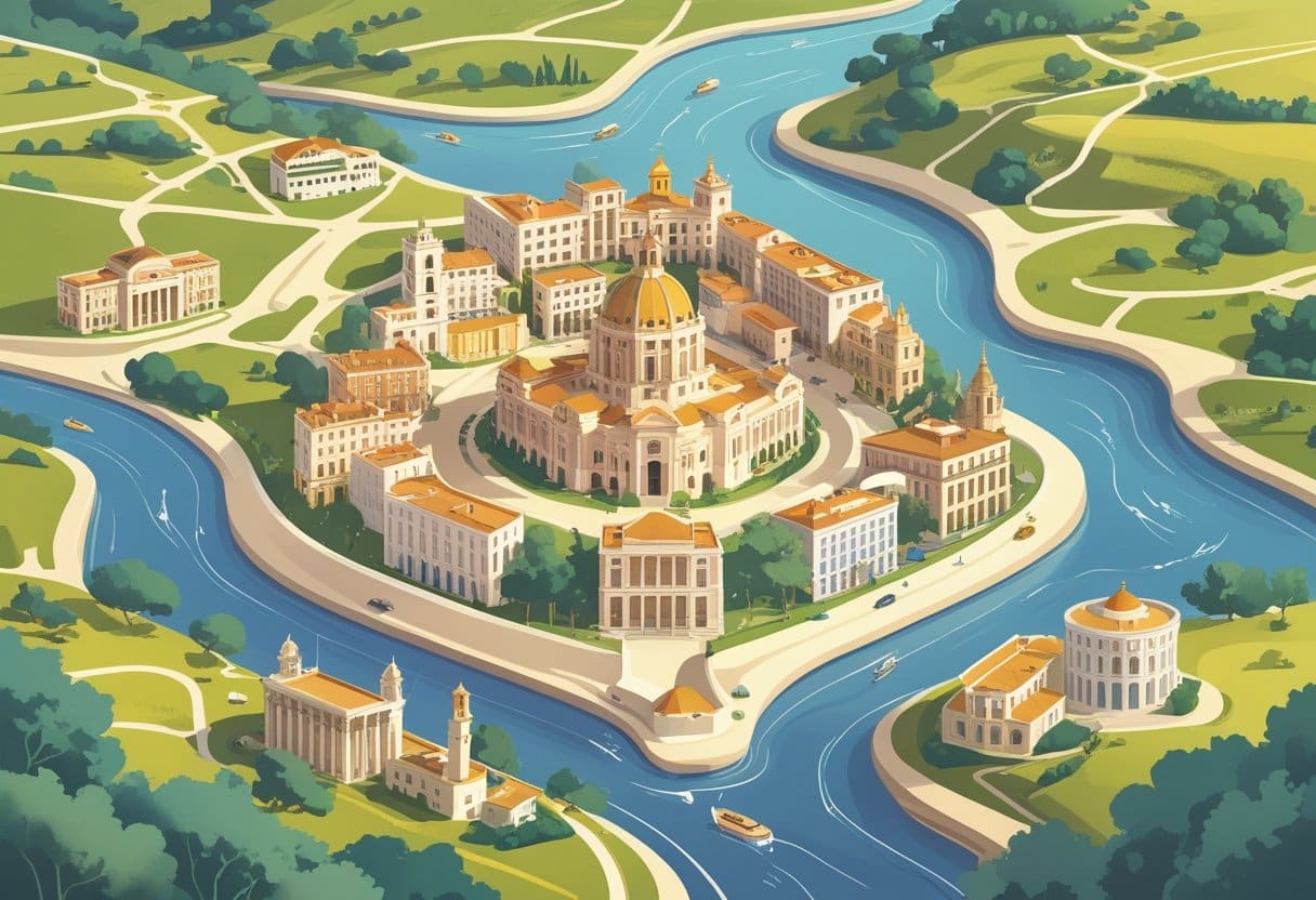 Mapa ilustrado mostrando Madrid no centro cercado por cidades próximas com elementos arquitetônicos e naturais ao redor.