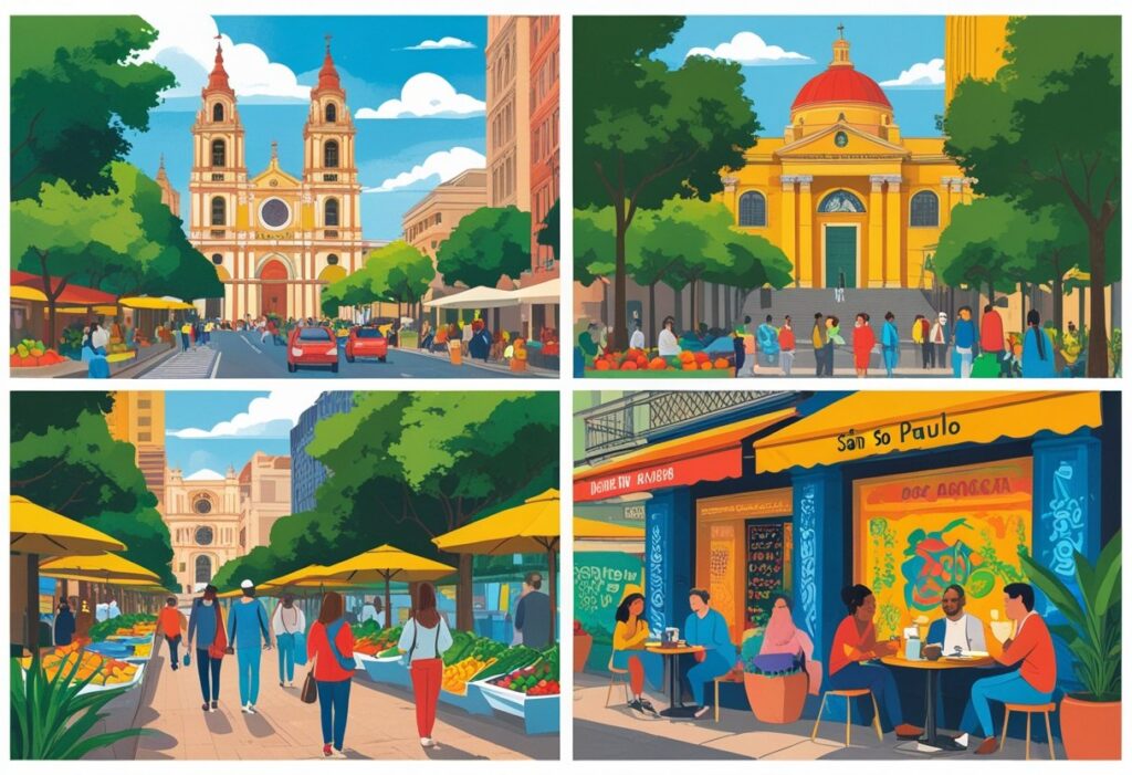Ilustração mostrando pontos turísticos e culturais de São Paulo em dois dias, incluindo a Catedral da Sé, Mercado Municipal, Parque Ibirapuera, Museu de Arte de São Paulo, arte de rua e pessoas aproveitando cafés tradicionais.
