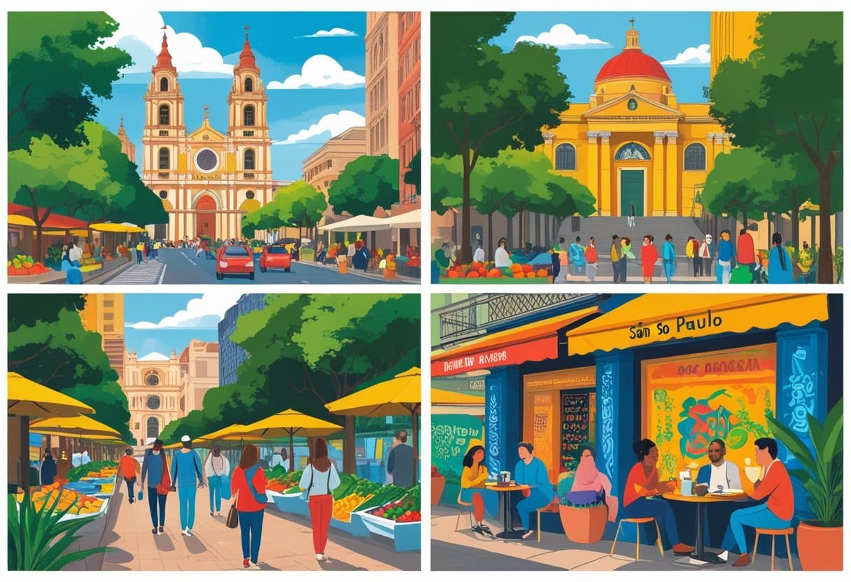 Ilustração mostrando pontos turísticos e culturais de São Paulo em dois dias, incluindo a Catedral da Sé, Mercado Municipal, Parque Ibirapuera, Museu de Arte de São Paulo, arte de rua e pessoas aproveitando cafés tradicionais.