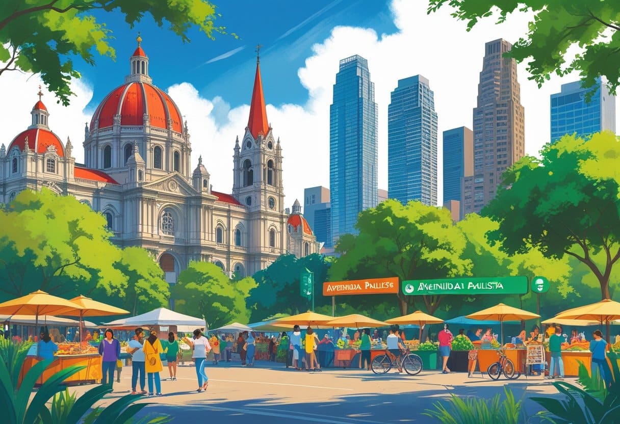 Ilustração mostrando pontos turísticos e atividades para dois dias em São Paulo, incluindo a Catedral, MASP, Parque Ibirapuera e a Avenida Paulista com pessoas aproveitando a cidade.