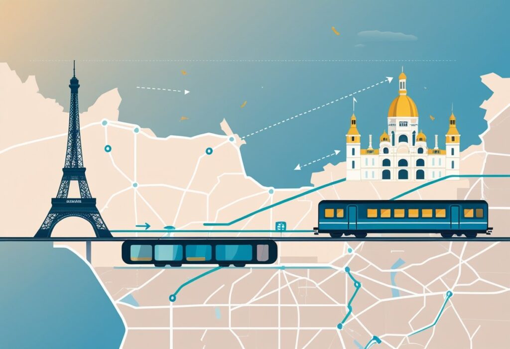Mapa ilustrado mostrando a rota de Paris até Versailles com o trem passando entre a Torre Eiffel e o Palácio de Versailles.