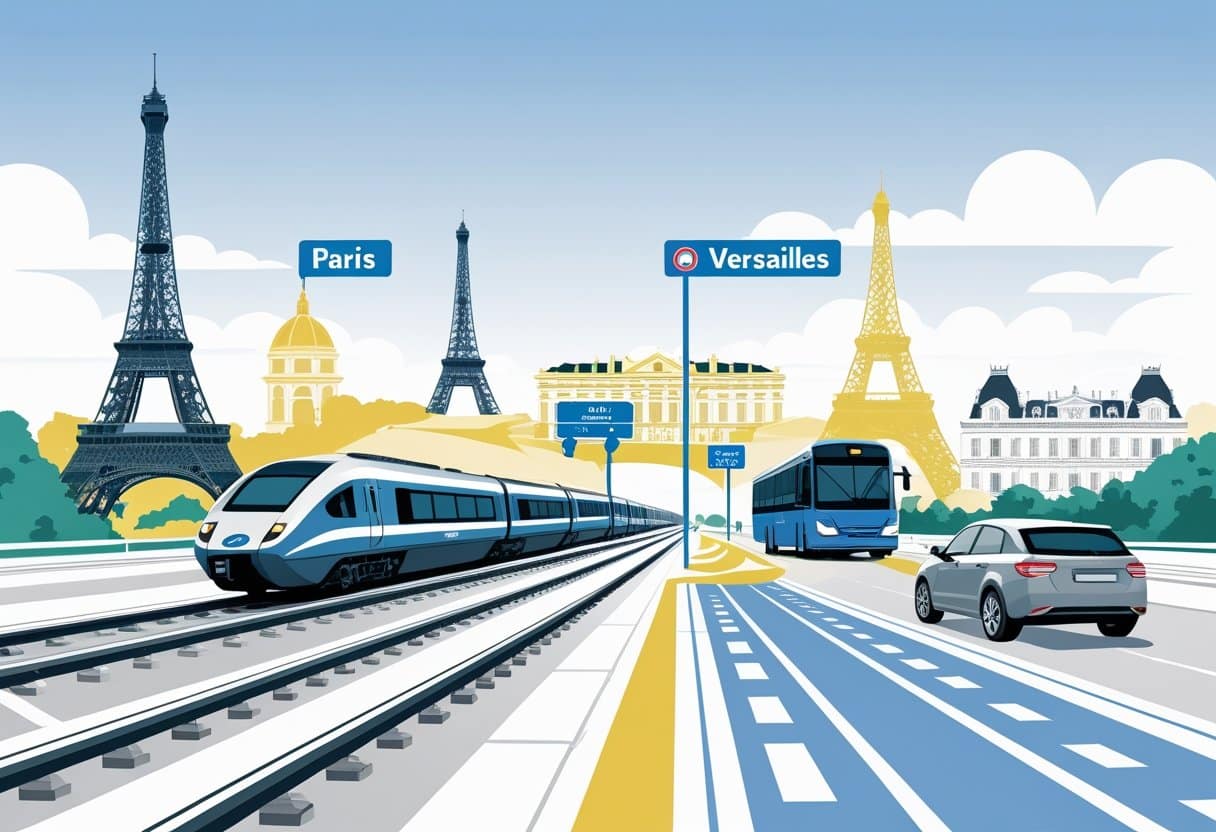 Mapa ilustrado mostrando diferentes formas de viajar de Paris a Versailles, incluindo trem, ônibus, bicicleta e carro, com os marcos da Torre Eiffel e do Palácio de Versailles ao fundo.